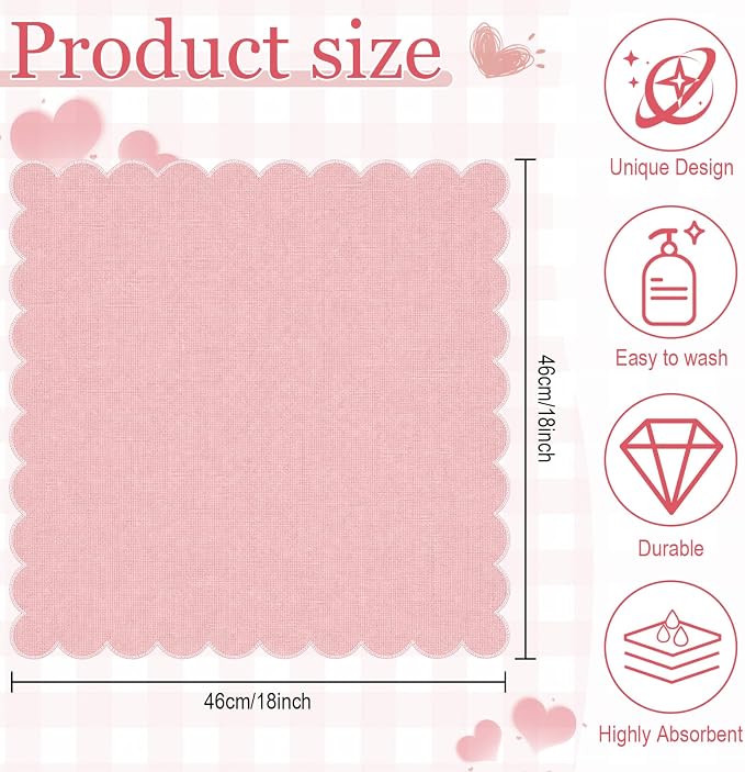 SmoothNovelty 12 Pack Buffalo Plaid Cloth Napkins 18x18 Inch Checkered Cloth Napkins Scalloped Soft Cotton Table Mat Washable Reusable for Dinner Wedding Holiday Birthday Parties (Cute,Pink) - Image 2