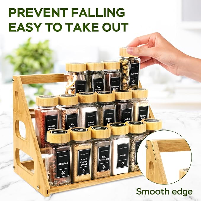 Spice Rack, Tiered Spice Rack Organization for Cabinet Holds 18 Spice Jars | 3 Tier Bamboo Display Spice Shelf for Countertop - Image 3