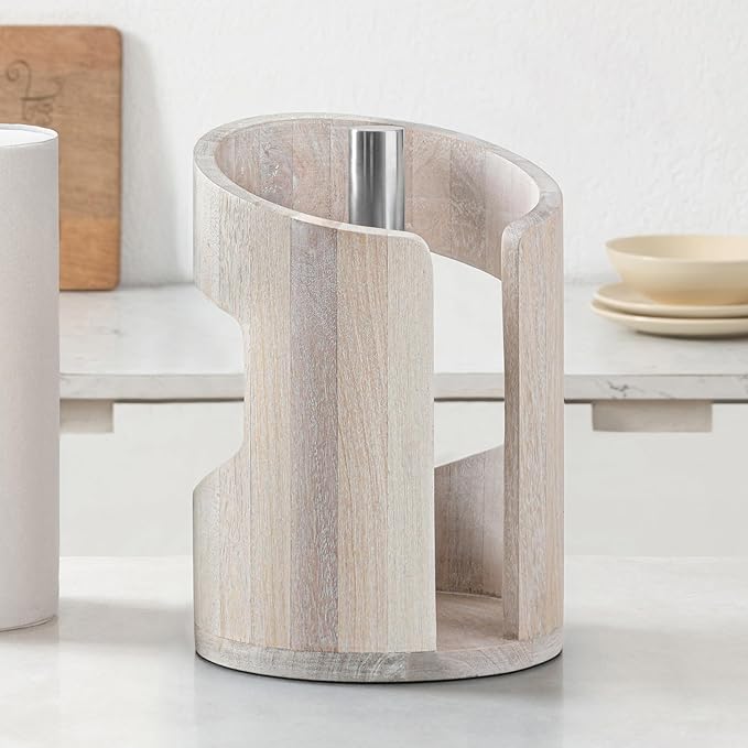Anji Mountain Wooden Paper Towel Holder with Metal Holder, Holder Stand for Kitchen Roll Organizer & Kitchen Dining Table Home Décor, Countertop Fits Jumbo & Mega Rolls - Whitewash/Nickel, Arc Hold by AnjiMountain