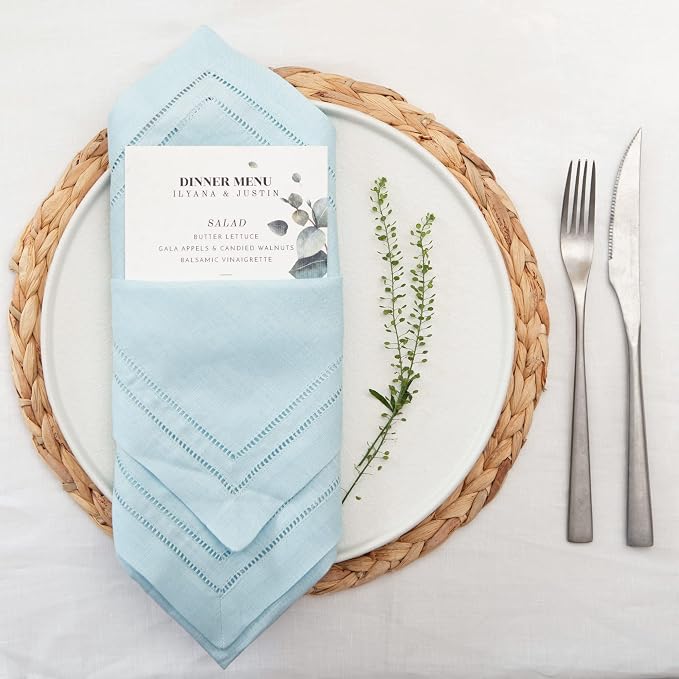 Linen Napkins 20 x 20 inch - 100% Pure Linen Light Blue Hemstitch Dinner Napkins Set of 4 - Double Hemstitch Cloth Napkin Washable Perfect for Easter, Spring and Summer Decor - Image 2