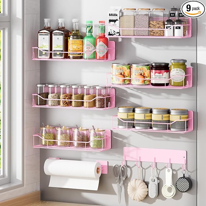 Magnetic Spice Rack for Refrigerator, 9 Pack Magnetic Fridge Shelves W/Adjustable Paper Towel Holder, Hook Rack, Moveable Spice Organizer Shelf for Kitchen Organization and Storage (Pink) by IYEBAU
