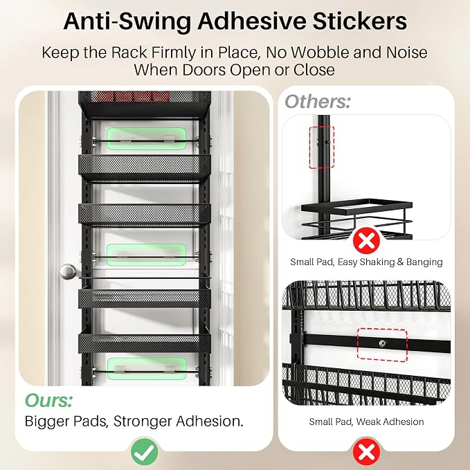 SNTD 8 Tiers Narrow Over the Door Organizer, 12.3"W x 4.7"D x 69"H, Black | Pantry Door Organizers and Storage, Height Adjustable Spice Rack, Dense Mesh Baskets, Anti-Swing, Adjustable Door Fastener - Image 8