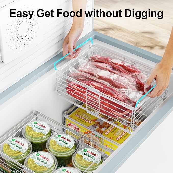 Freezer Organizer Bins - Wire Baskets for Frozen Food, 4 Pack White | For 10 to 20 Cu. Ft Chest Freezers, Stackable Deep Freezer Organizer Bins with Handles, Easy Food Access and Restocking - Image 3