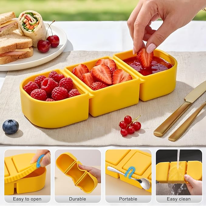 Silicone Reusable Snack Containers with Lids, 4 Pack 3 Compartment Bento Snack Boxes, Leakproof Food Storage Containers for Meal Prep, Lunch, Fruits, Kids & Adults, Dishwasher Safe - Image 2
