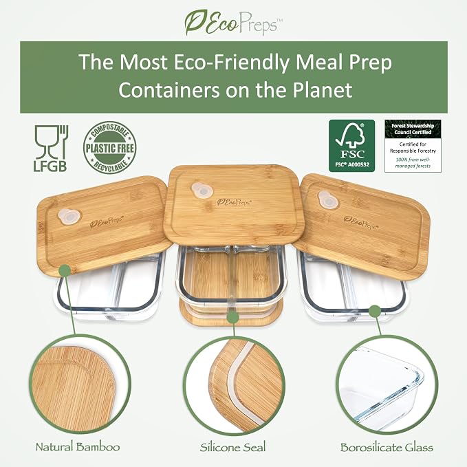Glass Bento Box Containers with Bamboo Lids, 3 Compartment Glass Meal Prep Containers (3 Pack) - 100% Plastic Free, Eco-Friendly Lunch Container Set, Bamboo Lid Bento Boxes for Adults - Image 2