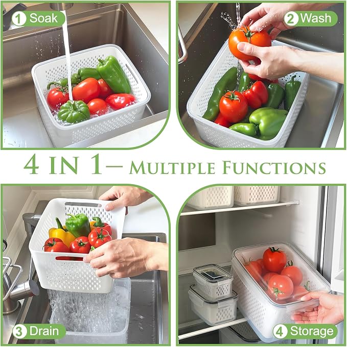 CAPHONT Fruit Containers for Fridge 6 Pcs 2-in-1 Large Fridge Food Storage Container Set with Lids with Strainer 6 Size Clear Vegetable Storage Containers Keep Fruits, Vegetables, Meat Fresh Longer - Image 3