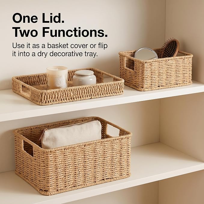 Wicker Storage Basket with Lid for Shelves, Set of 2, Natural | One rectangular wicker basket with lid and one open basket for decorative shelf storage; removable lid flips into a tray. - Image 2