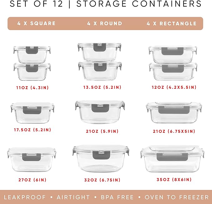 JoyJolt 24pc Borosilicate Glass Storage Containers with Lids | 12 Airtight/Freezer Safe Food Storage Containers for Pantry and Kitchen | Meal Prep Container for Lunch | Glass Tupperware Set - Image 2