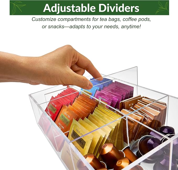 Heavy-Duty Acrylic Tea Bag Organizer, 8-Compartment Storage Box | Perfect Organizer: 8-compartment design keeps tea bags and coffee pods neatly sorted, saving space on your countertop. - Image 6