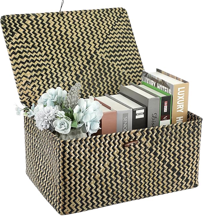 Hipiwe Wicker Shelf Baskets Bin with Lid, Handwoven Seagrass Basket Storage Bins Rectangular Household Basket Boxes for Shelf Wardrobe Home Organizer, Black,X-Large - Image 8