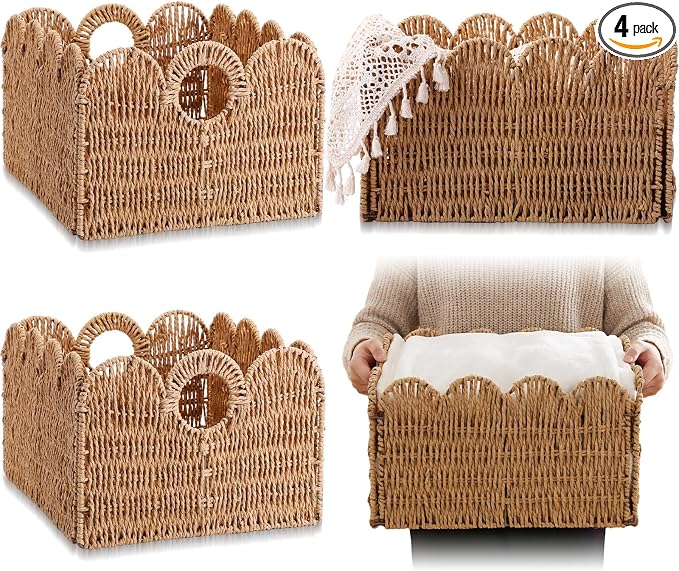 Leinuosen 4 Packs Scalloped Wicker Storage Basket Paper Rope Pantry Baskets for Shelves Organizing Toilet Paper Foldable Rattan Cube Storage Bins Boho Organizer Bins for Home, 13 x 11 x 7.9 Inches by Leinuosen