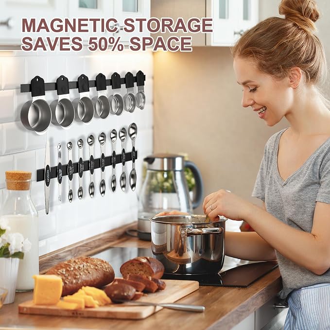16-Piece Magnetic Measuring Cups and Spoons Set, Stainless Steel, Black | 7 Silicone-Grip Cups, 8 Metal Spoons, 1 Leveler, US and Metric Marks for Dry & Liquid Ingredients, Kitchen Essentials Gadgets - Image 3