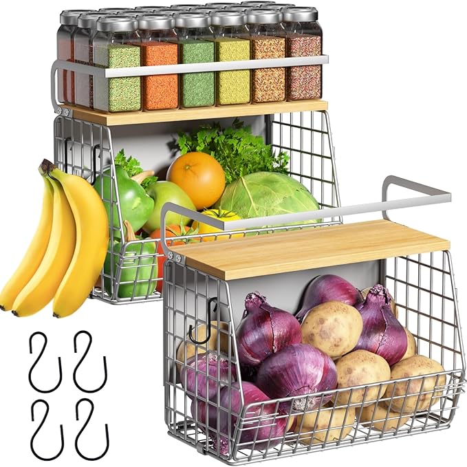 Magnetic Shelf for Fridge with Wood Lid, Fruit Potato and Onion Storage Bins, Pantry Organizers & Storage, Large Container Magnetic Spice Rack for Refrigerator, Kitchen Counter (Silver-gray, 2) by Ofiray-home