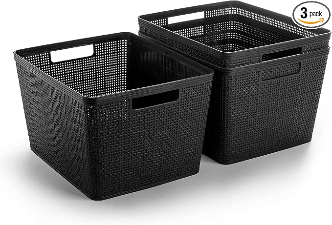 BINO | Woven Plastic Basket | Large (Black), 3-Pack | THE JUTE COLLECTION | Home Organization, Space - Saving Storage, Stylish Design | Jute Basket | Plastic Storage Basket by BINO
