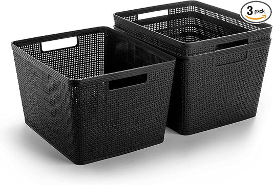 BINO | Woven Plastic Basket | Large (Black), 3-Pack | THE JUTE COLLECTION | Home Organization, Space - Saving Storage, Stylish Design | Jute Basket | Plastic Storage Basket by BINO