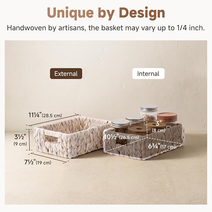 StorageWorks Wicker Baskets for Storage, White Wicker Baskets, 2-Pack | Water Hyacinth Wicker Storage Baskets for Organizing, Wicker Storage Baskets for Shelves, White Baskets, 11¼" x 7½" x 3½" - Image 3