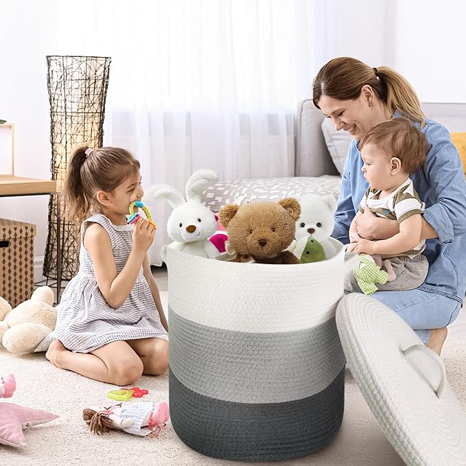 Large Storage Basket with Lid 60L, 16"Wx18"H Woven Laundry Basket with Lid Cotton Laundry Basket, Wicker Basket Blankets Pillows Storage in Living Room Baby Nursery, Dark Gray/Gray/White Mix with Lid - Image 3