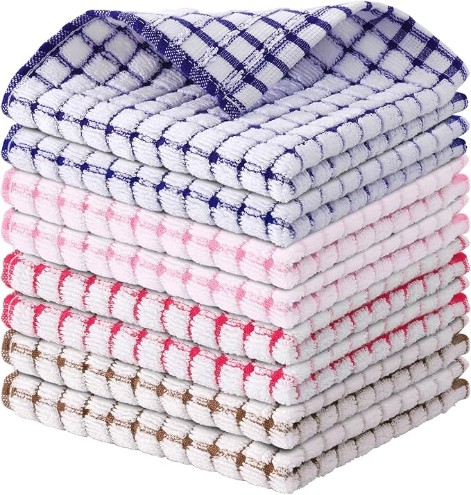Kitinjoy Cotton 8 Pack Terry Kitchen Dish Cloths, Mix Colour | 12 x 12 Inches Super Soft and Absorbent Dish Rags, Quick Drying Dish towels for Washing Dishes by Kitinjoy