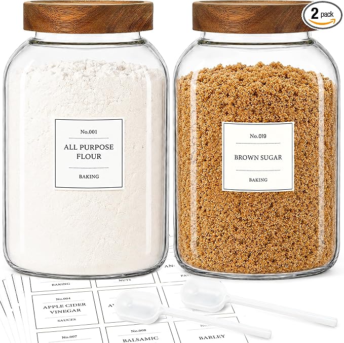 CONNOO 2Pcs-135oz Flour Sugar Storage Containers with Wood Lids | 1 Gallon Large Pantry Containers, Perfect for Flour, Sugar, Rice, Cereal & Dry Food Storage, Includes 120 Waterproof Labels by CONNOO