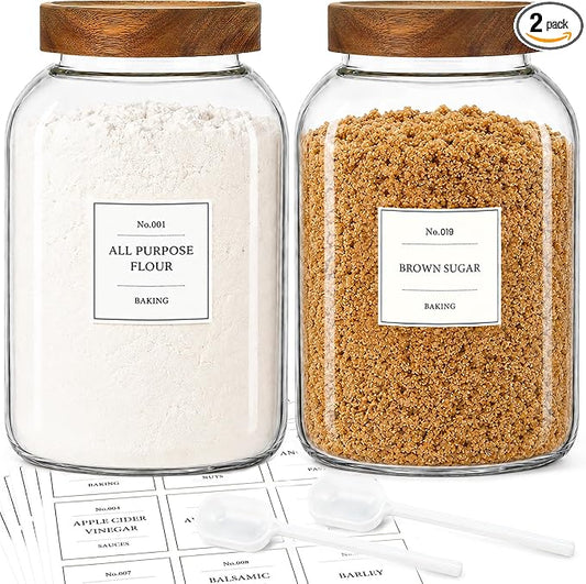 CONNOO 2Pcs-135oz Flour Sugar Storage Containers with Wood Lids | 1 Gallon Large Pantry Containers, Perfect for Flour, Sugar, Rice, Cereal & Dry Food Storage, Includes 120 Waterproof Labels by CONNOO