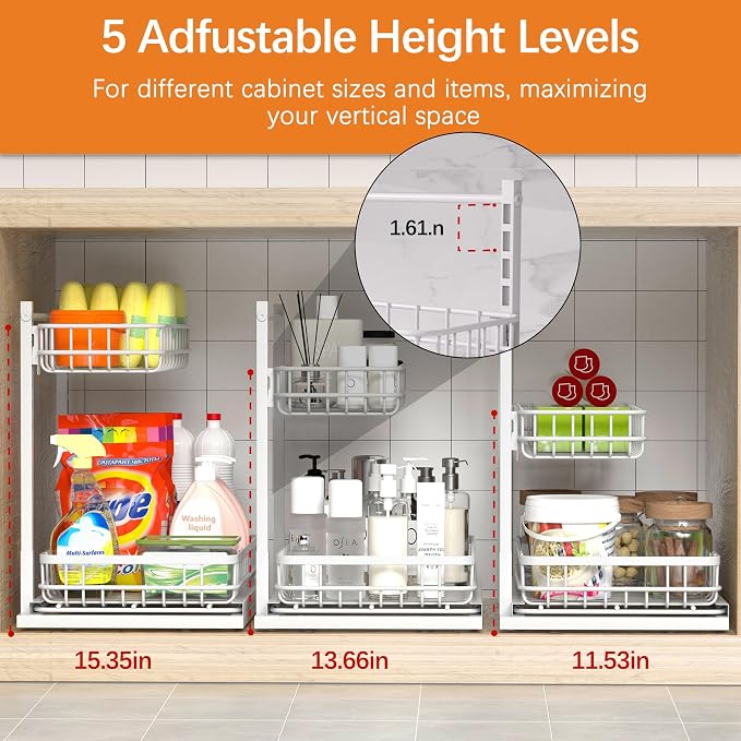 Under Sink Organizer, Adjustable Height Pull-Out Kitchen Storage Organization,15.8" x 11.8" x 16.5", 2-Tier Kitchen Shelf, Bathroom Drawer Organizer, 2 Pack|White - Image 4