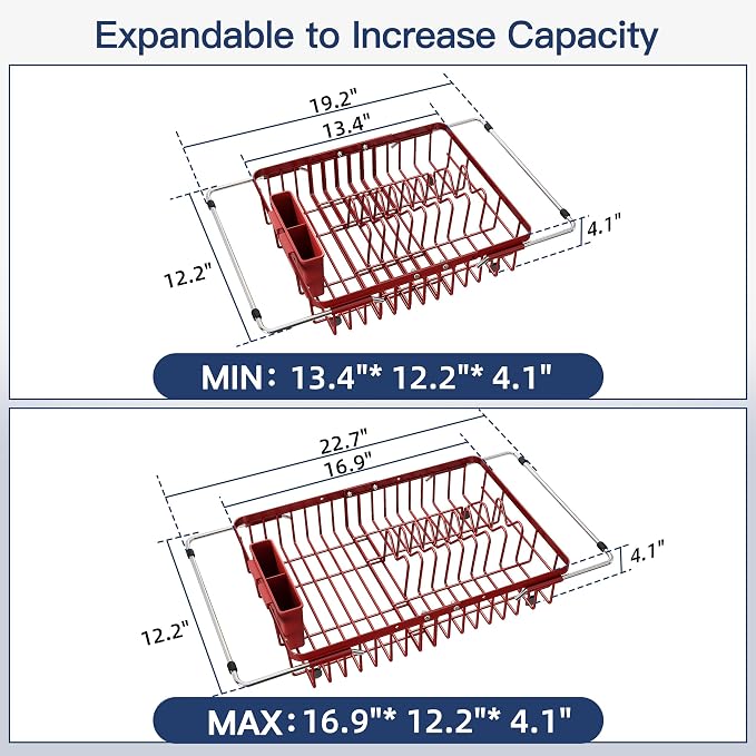JASIWAY Red Dish Drying Rack Over the Sink with Utensil Holder | Expandable Stainless Steel Dish Driainers for Small Kitchen, Counter Space Saving, Fast Drain, Rust Resistant, For Apartment - Image 4