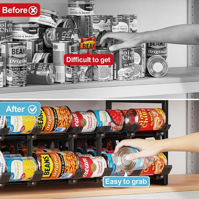 Can Organizer for Pantry - Auto-Rolling, Expands to Hold 60 Cans | Stackable For Walk-in Deep Pantry Shelve, Adjustable Width for Food Cans, Sturdy Metal Frame, Easy Access & Restocking, Black - Image 9