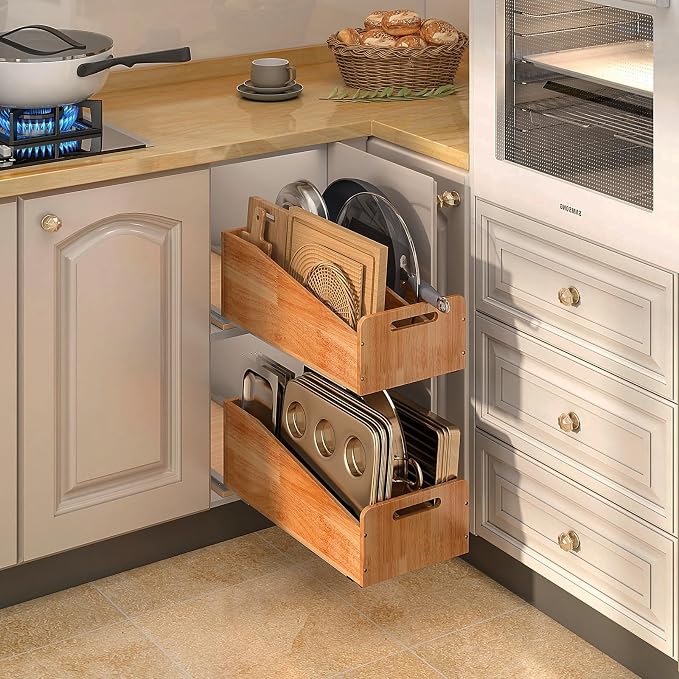 DINDON Pull Out Cabinet Organizer for Pans, Cookie Sheet, Bakeware, Cutting Board, Slide Out Kitchen Cabinet Storage Organizer Rack, 10.5''W X 21"D X 7.5"H, Wood - Image 2