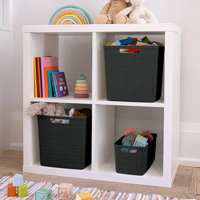 Curver Set of 8 Slim 6.8L Jute Decorative Plastic Organization and Storage Baskets - Perfect Bins for Home Office, Closet Shelves, Kitchen Pantry and All Bedroom Essentials, Black - Image 8