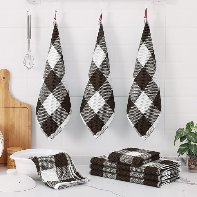 Homaxy Kitchen Towels and Dishcloths Set, Set of 8, White & Dark Brown | Bulk Cotton Waffle Weave Check Plaid Kitchen Towels, Super Soft and Absorbent Dish Cloths, 12 x 12 and 13 x 28 Inches - Image 6