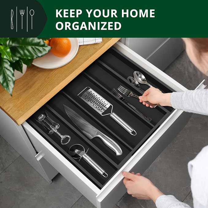ROYAL CRAFT WOOD Luxury Bamboo Kitchen Drawer Organizer - Silverware Organizer - Utensil Holder and Cutlery Tray with Grooved Drawer Dividers for Flatware and Kitchen Utensils (5 Slot, Black) - Image 7