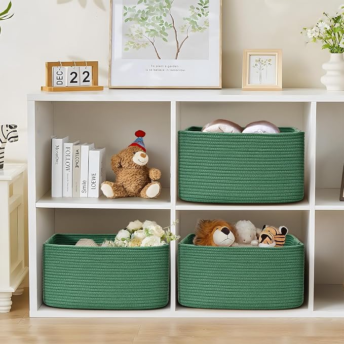 4 Pack Large Storage Basket for Organizing, 17.5"x13"x7" Woven Basket for Shelves, Closet Cube Storage Bins with Wrapped Handle, Cotton Rope Baskets for Kitchen, Clothes, Toys(Green) - Image 4