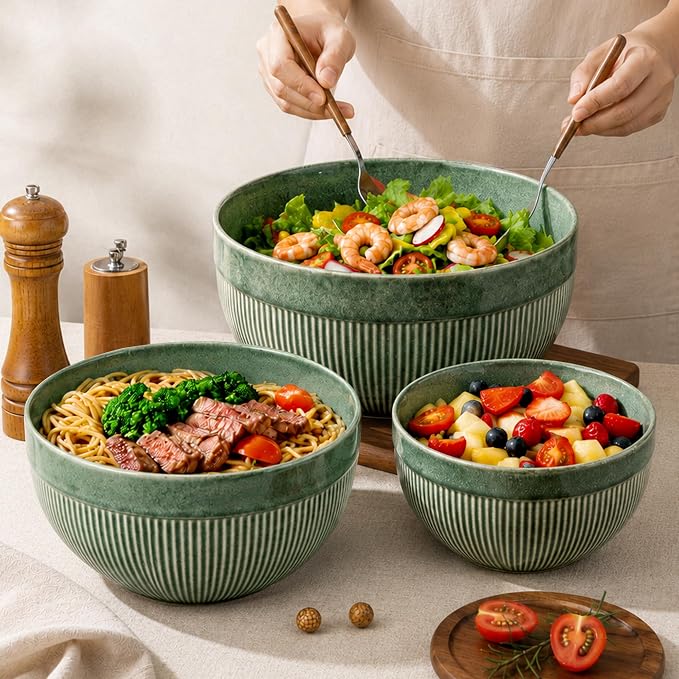 GBhome Ceramic Mixing Bowls Set of 3, Stoneware Nesting Serving Bowls, | 45/90/150 oz For Prep, Baking, Serving, Gift, Microwave and Dishwasher Safe, Ribbed Dishware Collection,Dark Green - Image 6