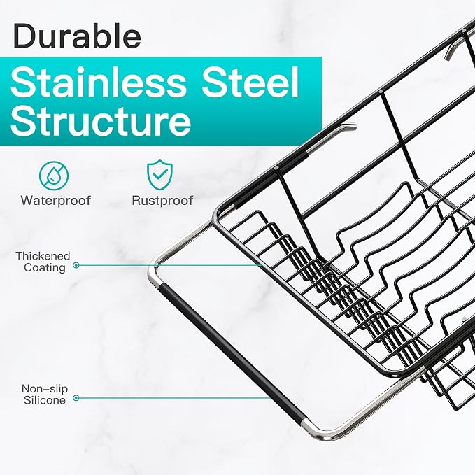 JASIWAY Black Dish Drying Rack in Sink with Drainboard and Utensil Holder | Use Over the Sink or Counter, Stainless Steel Expandable Dish Drainer for Small Kitchen, Space Saving, Fast Drain, Rustproof - Image 7