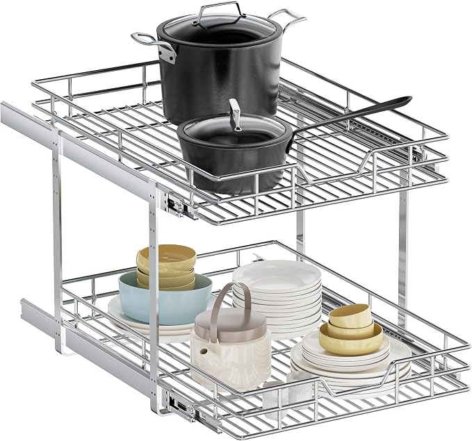 2-Tier Pull Out Cabinet Organizer, 25.5" W x 21.5" D, Heavy Duty Dual Slide Out Shelves for Wide Base Cabinets, Chrome Wire Basket Drawer for Pots, Pans, Pantry & Cleaning Supplies by Unknown
