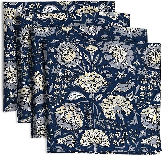 Midnight Marigold Garden Hand Block Print 100% Cotton Napkins 18" x 18" (Set of 4) Reuseable Kitchen Napkins Cloth Decor Dinner Party Cocktail Gift for Spring, Easter, Summer by Ridhi
