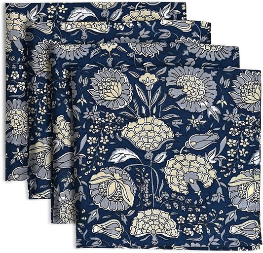 Midnight Marigold Garden Hand Block Print 100% Cotton Napkins 18" x 18" (Set of 4) Reuseable Kitchen Napkins Cloth Decor Dinner Party Cocktail Gift for Spring, Easter, Summer by Ridhi