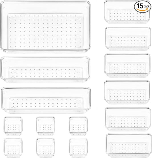 Vtopmart 15 PCS Clear Plastic Drawer Organizers Set, Vanity Organizer Trays | 4-Size Versatile Makeup Organizer, Non-Slip Storage Containers for Makeup, Jewelries, Bedroom，Kitchen Utensils and Office by Vtopmart