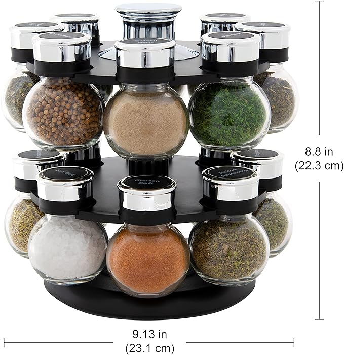 Kamenstein 16 Jar Ellington Revolving Countertop Spice Rack with Lift & Pour Caps and Spices Included, FREE Spice Refills for 5 Years: Black and Chrome - Image 4