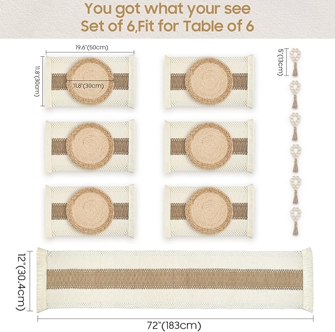 Placemats Set of 6 w/Charger Plates Table Mats Table Runner & Napkin Rings | All in One Placemats,Boho Farmhouse Style Heat-Resistant Non-Slip Protective Round Woven Placemats for Dining Table Décor - Image 5