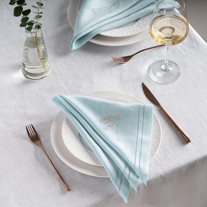 Linen Napkins 20 x 20 inch - 100% Pure Linen Light Blue Hemstitch Dinner Napkins Set of 4 - Double Hemstitch Cloth Napkin Washable Perfect for Easter, Spring and Summer Decor - Image 7