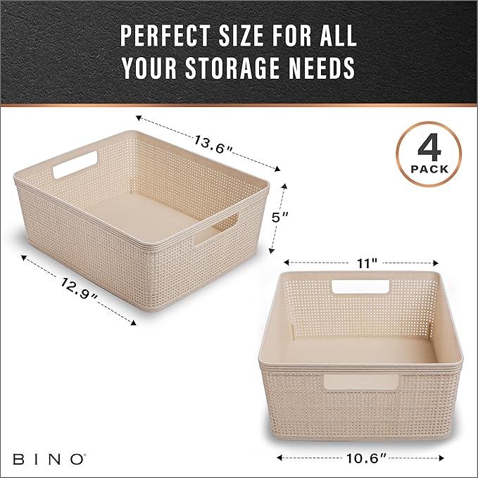 BINO - Woven Plastic Basket, Medium (Natural), 4-Pack, The Jute Collection, Home Organization, Space-Saving Storage, Stylish Design, Jute Basket - Image 3