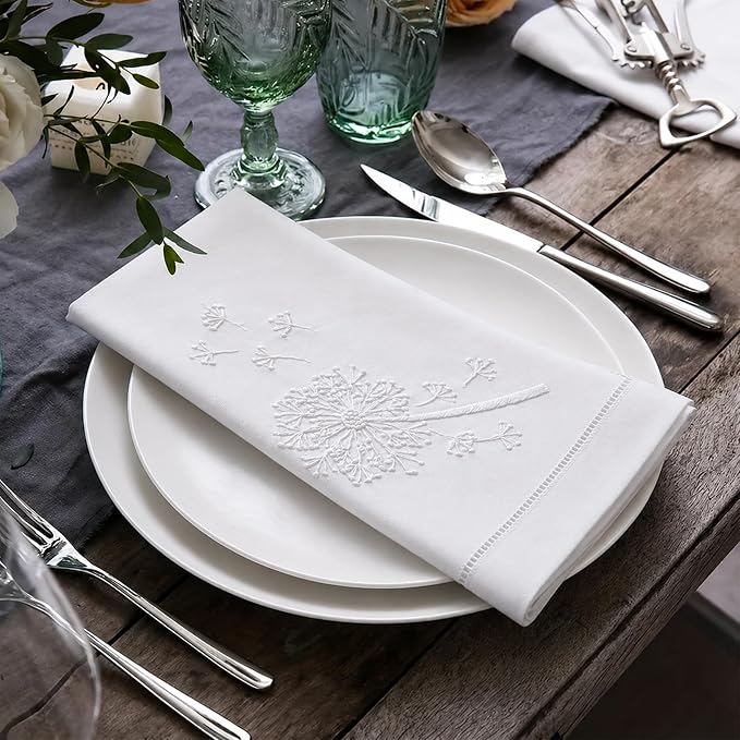 Cloth Napkins Set of 4, 20x20 inch, 100% Pure Cotton Hand Embroidered French Knot, Reusable & Machine Washable, Elegant Table Napkins for Dinner, Weddings, Parties (White Dandelion) - Image 4