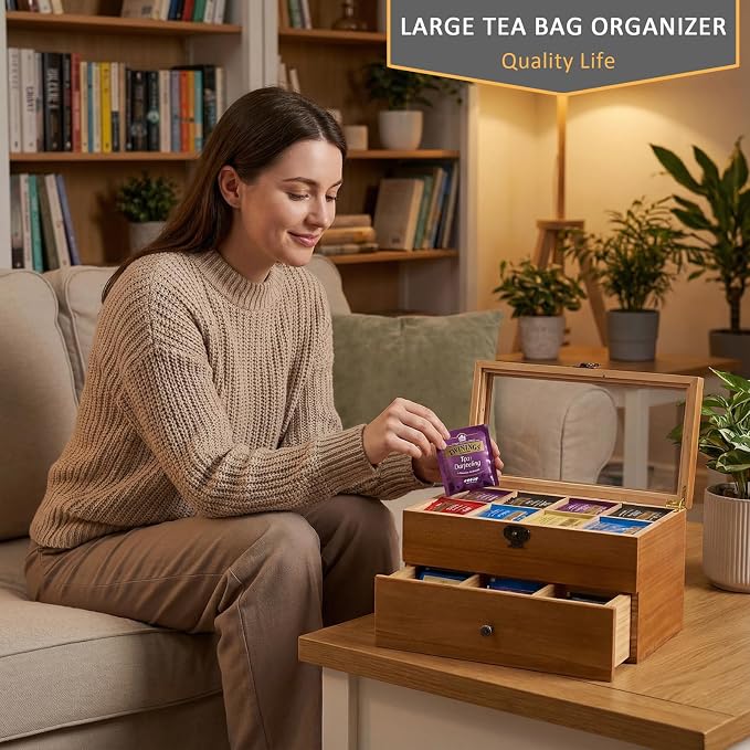 WELLAND Wood Tea Bag Organizer, Storage Box with Clear Acrylic Window, 2-layer 14 Compartments Large Capacity Tea Bag Holders, Gift Idea - Image 3