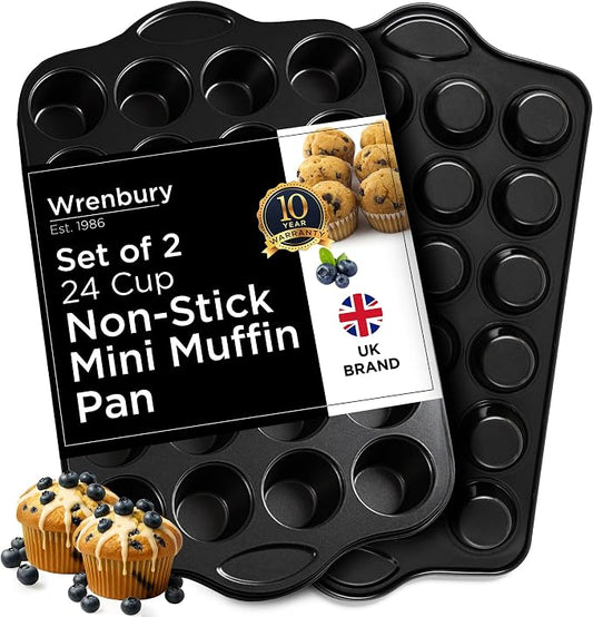 Wrenbury Mini Muffin Pan Non Toxic Set of 2 - Non Stick 24 Cup Small Cupcake Tray for Baking Joyful Bites - Dishwasher Friendly - Health Conscious Baking - 1.8" Cup by Wrenbury