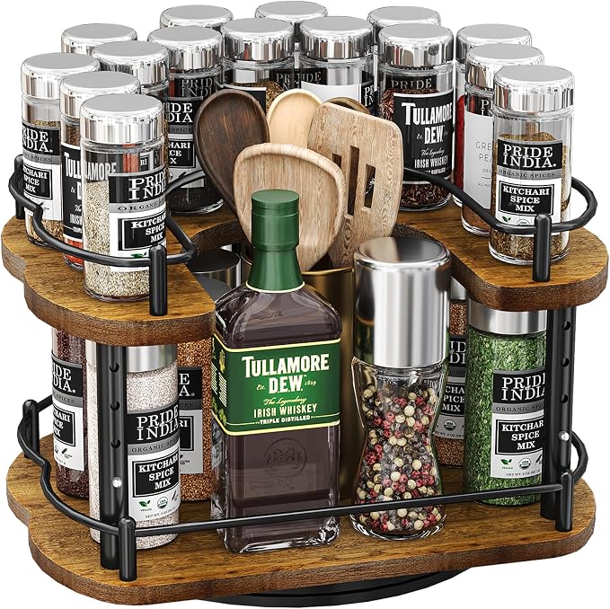 Lazy Susan Organizer Spice Rack - Spice Organization for Cabinet Height Adjustable Rotating Lazy Turntable, Pantry Kitchen Wood Revolving Seasoning Organizer (Vintage, 12 Inch) - Image 9