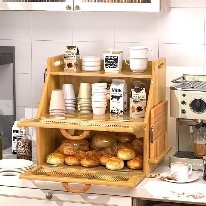 Bread Box for Kitchen Countertop, Large Bread Storage Container for Homemade Bread, Wooden Farmhouse Breadbox Organizers, Double Layer Bread Bin with Acrylic Window Bread Holder, Brown - Image 2