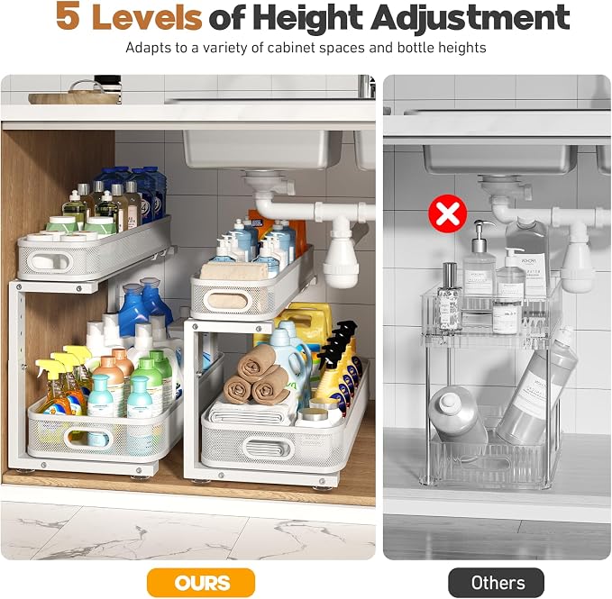 2 Pack 21.3IN-Depth Under Sink Organizer with Smooth Cylindrical Rail,2-Tier Pull Out Multi-Purpose Cabinet Storage for Bathroom&Kitchen,Height Adjustable,Rust-Resistant Coating-White - Image 8