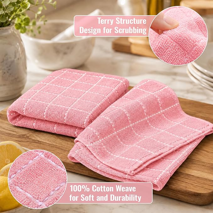 Kitinjoy 100% Cotton Terry Kitchen Towels, 13”x 28”, 8-Pack, Pink | Checkered Designed, Ultra Soft Absorbent Quick Drying Dish Towels - Image 2