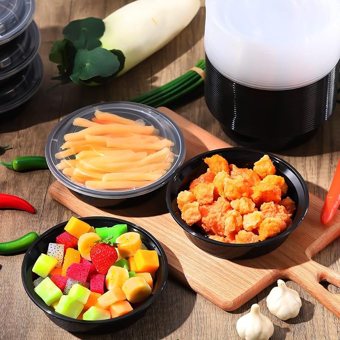 Nuenen 100 Pcs 16 oz Round Meal Prep Containers with Lids Plastic Containers Meal Prep Lunch Box Bowls Take out Food Storage Bento Box Microwavable Freezer Safe(Black) - Image 5